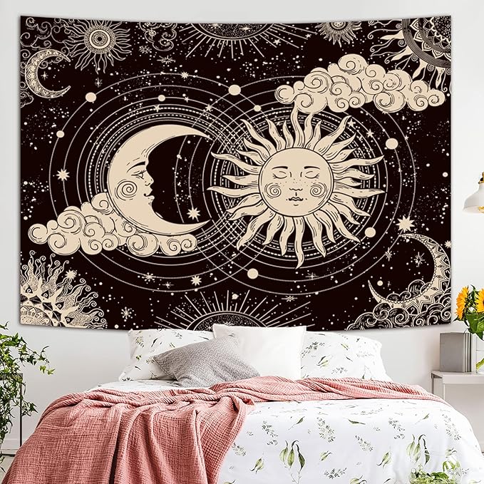 Wonrizon Sun and Moon Tapestry, Aesthetic Black Dark Spiritual Tapestries Mystic Burning Sun with Clouds Star Wall Hanging decor for Bedroom (30"x40")