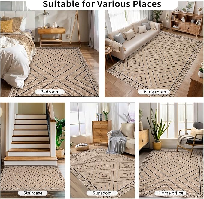 Tangsoo Modern Easy Jute 4x6 Outdoor Rug for Living Room,Ultra Thin Washable Area Rug,Geometric Indoor Carpet Farmhouse Non-Slip Throw Mat for Bedroom Dining Room Patio Front Porch