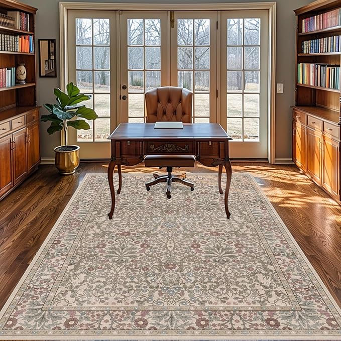 Vintage Moss Living Room Rug, 5x7 Washable Area Rugs for Dining Room Under Table, Soft Low Pile Large Carpet Bedroom, Non-Slip Boho Floral (5 x 7 Moss)