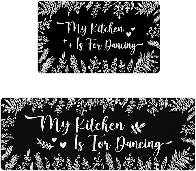 Kitchen Rug Mats for Floor Cushioned Anti Fatigue Black and White Kitchen Rugs Sets of 2 Botanical Non Slip Waterproof Comfort Memory Foam Standing Floor Mat for Office Laundry Sink Desk