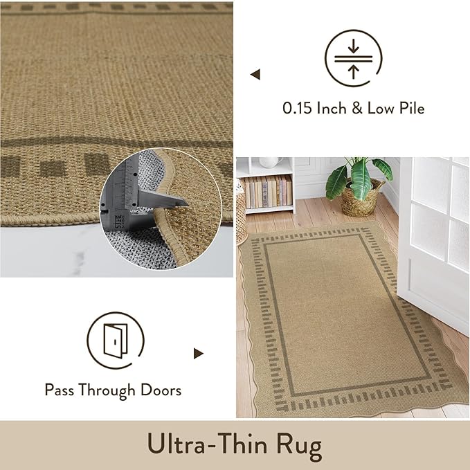 LIVEBOX Scalloped Washable 3x5 Outdoor Rug, Easy Jute Tan Rugs for Entryway Bedroom, Indoor Outdoor Non Slip Farmhouse Rugs for Patio Living Room, Geometric Carpet Front Door Mat for Porch Kitchen