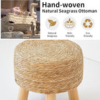 Round Ottoman Natural Seagrass Footstool, Round Footstool with 4 Wood Legs, Hand Woven Round Footstool Sofa Stool, Multifunctional Modern Dressing Stool, Sofa Side Table for Bedroom (Nature)