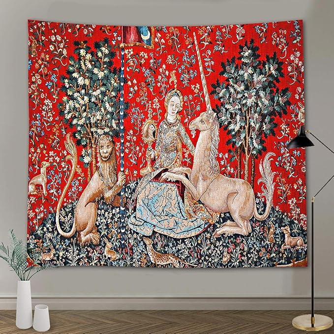 FEASRT Medieval Maiden Tapestry European Royal Princess Tapestrys Wild Animal Tapestry, Large 100x90 Inches Soft Flannelette, for Bohemian Mandala Bedroom Living Room Dorm