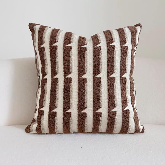 20"x20" Brown Cream Stripe Tufted Pillow Covers Luxury Geometric Accent Pillows Soft Woven Decorative Pillow Cases for Couch, Sofa, Bedroom Décor (Caramel, 20"×20")