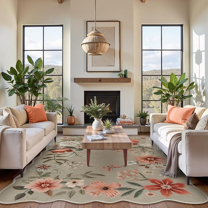 Lahome Floral Washable Rugs 8x10, Non-Slip Soft Bedroom Rug Stain Resistant, Ultra-Thin 8x10 Rugs for Living Room Boho Rug Accent Carpet for Dining Room Office Flore (8x10ft,Brown)