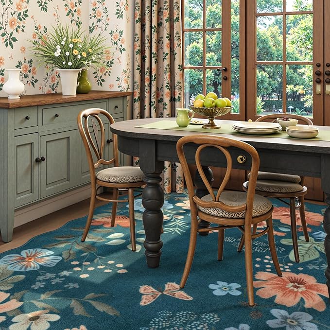 Lahome Floral Washable 6x9 Area Rugs, Soft Bedroom Rug for Living Room Ultra-Thin Non Slip Dining Room Rug, Stain Resistant Boho Blue Rugs Throw Carpet for Office Flore (6'x9',Navy Blue)