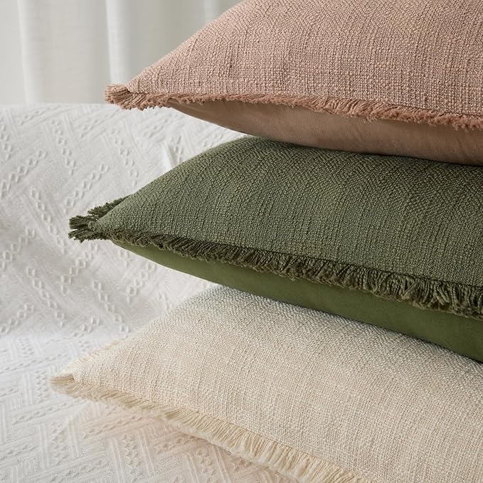 Kevin Textile 14x36 Inch Long Lumbar Pillow Cover 1 Pack Boho Fringe Decorative Rectangle Cushion Case with Tassels Neutral Cotton Woven Textured Farmhouse for Living Room Couch Sofa Bed, Khaki Brown