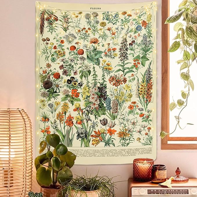 Vintage Flowers Tapestry 48”x36”, Long Vertical Wall Hanging Reference Illustrative Botanical Tapestries for Bedroom Aesthetic Floral Tapistry Botanical Plants Tapestry Wall Hanging Cute Bedroom Decor