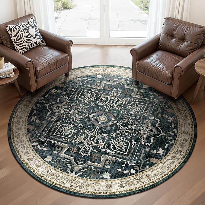 Medallion Round Rugs 6ft, Low Pile Thin Circle Area Rugs for Bedroom Living Room Washable Non Slip, Vintage Round Carpet for Kitchen Dining Room, Midnight/Multi