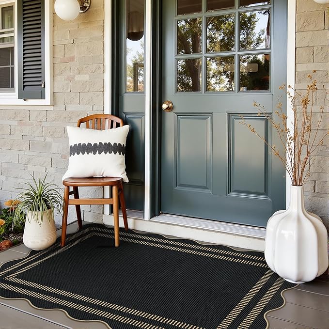 Modern Easy Jute 3x5 Outdoor Patio Rug, Black Washable Rugs for Entryway Indoor Kitchen Rugs, Farmhouse Neutral Non Slip Carpet for Living Room Backyard