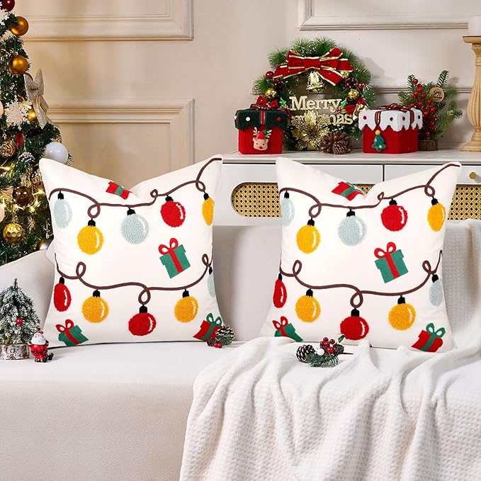 Christmas Embroidered Throw Pillow Covers Farmhouse Tufted Pillow Covers Winter Holiday Decorative Couch Covers 16x16 Christmas Lights Square Cushion Cases Set of 2 for Living Room Couch Sofa Bed