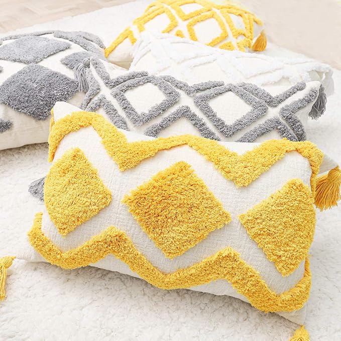 Boho Yellow Lumbar Throw Pillow Cover 12x20 Inch with Tassels, Moroccan Tufted Cream Chenille Fabric Small Accent Textured Cushion Case for Bed Couch, 1 PC Cover Only No Insert