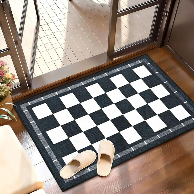 Vasofe Checkered Jute Kitchen Rug, 2x3 Black and White Rugs Indoor Outdoor Front Door Mat Non Slip Washable Area Rugs, Farmhouse Non Shedding Low Pile Floor Carpet for Entryway Porch Doorway