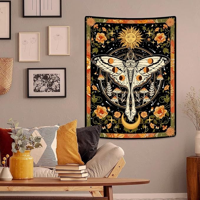 Aipon Orange Moth Tapestry Boho Retro Floral Flowers Tapestries Aesthetic Vintage Mushroom Tapestries Bedroom Indie Vertical Tapestry Wall Hanging for Living Room Dorm (60.00'' × 80.00'', Orange)