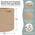 Large Wicker Storage Basket, 16" x 14" Jute Woven Basket with Handle, Living Room Blanket Storage, Big Wicker Laundry Basket, Kids Toy Bin Box Organizer, Decorative Round Baskets for Decor