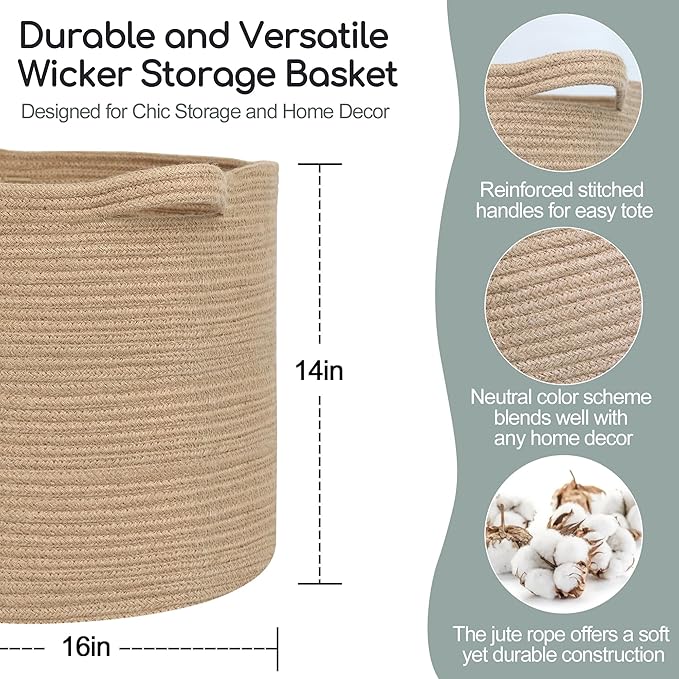 Large Wicker Storage Basket, 16" x 14" Jute Woven Basket with Handle, Living Room Blanket Storage, Big Wicker Laundry Basket, Kids Toy Bin Box Organizer, Decorative Round Baskets for Decor