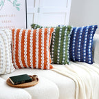 18x18 Boho Pillow Cover - Chenille Tufted Decorative Throw Pillow Cover Soft Velvet Backing, Farmhouse Striped Square Accent Pillow Case for Sofa, Couch, Bedroom, Living Room, Green White