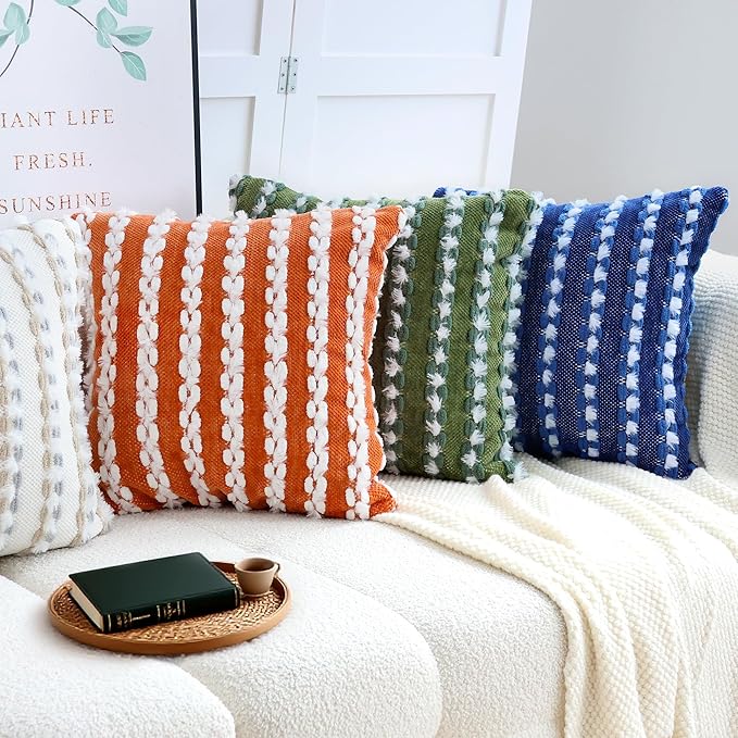 18x18 Boho Pillow Cover-Chenille Tufted Decorative Throw Pillow Cover Soft Velvet Backing, Farmhouse Striped Square Pillow Case for Sofa, Couch, Bedroom, Living Room, Orange-White Stripe