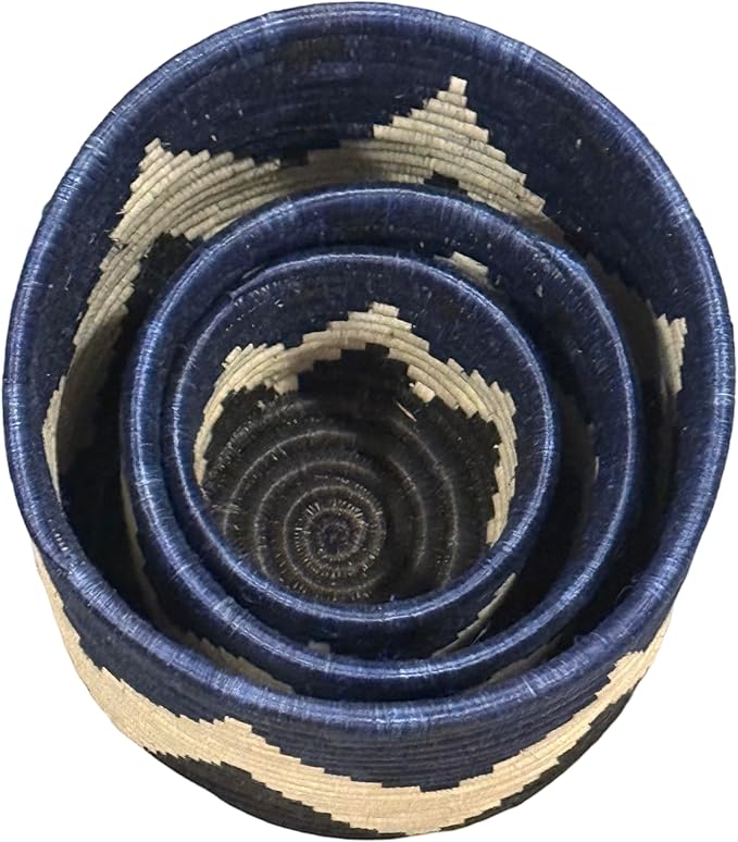 Handwoven African Planter Baskets (Set of 3) Sisal basket for Indoor Plant Pots Vase Home decor Storage Organizer Zen Designs Arts and Crafts (Geometric Blue and Black)