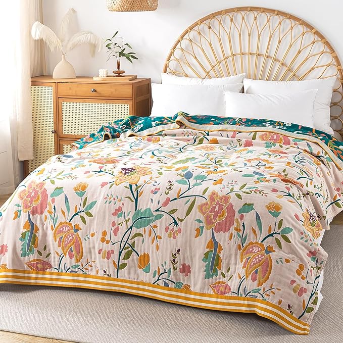 Boho Throw Blanket for Bed - 100% Pure Cotton Ultra Soft Rustic Quilt - Farmhouse Decor Bed Blankets, All Season Rustic Throw for Sofa Couch Chair(60"×80", Boho Floral)