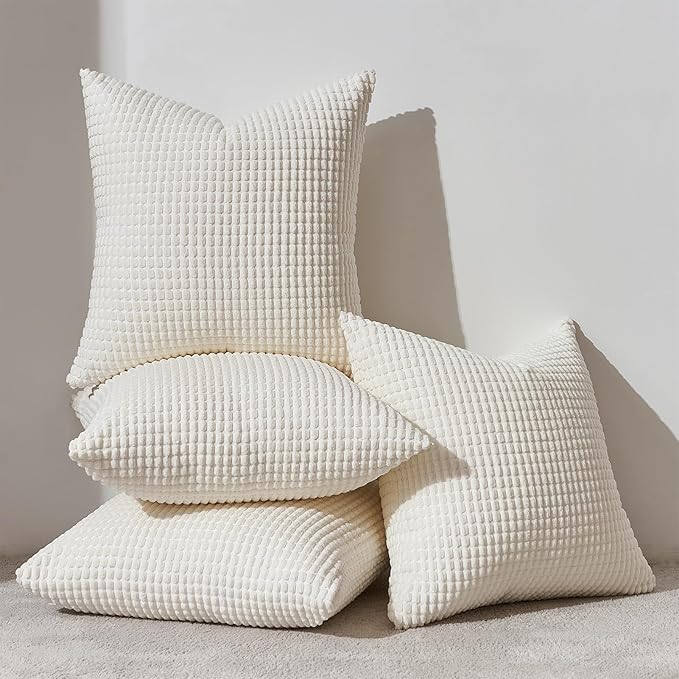 Topfinel 4 Packs Cream White Decorative Throw Pillow Covers 20x20 Inch for Living Room Couch Bed Sofa, Boho Western Farmhouse Home Decor, Soft Plush Corduroy Cute Square Beige Cushion Case 50x50 cm