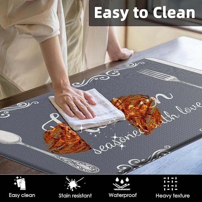Arttown Grey Farmhouse Anti-Fatigue Kitchen Rug Set of 2 Knife Fork Rustic Vintage Cushioned Floor Standing Mat Waterproof Non-Slip Kitchen Mat and PVC Ergonomic Comfort Foam Rug