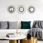 Set of 3 Black Metal Sunburst Wall Mirrors - 12" Round Decorative Art for Living Room Bedroom Bathroom Entryway, No Assembly Required, Rust Resistant Design