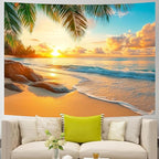 AOHMPT Ocean Tapestry, Beach Evening Sunset Tapestry, Natural Beach Palm Tree Landscape Tapestries Poster, Seaside Landscape Wall Hanging for Bedroom, Dorm Room and Living Room Wall Decor 79" L x 59" W