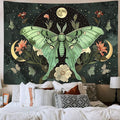 JAWO Green Butterfly Moon luna moth Flower Tapestry Boho Floral Plant moth Tapestries for Bedroom Aesthetic Tapastry's Wall Hanging Mandala Botanical Wall Tapestry for Living Room Dorm 90X70