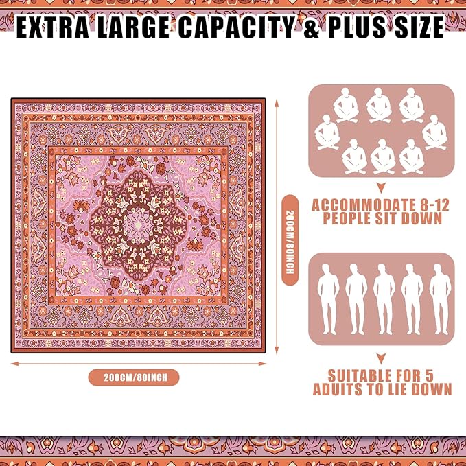 Boho Picnic Blankets 80''x 80'' Extra Large Beach Blanket Waterproof Sandproof Foldable Machine Washable Vintage Grass Lawn Park Mat for Family Camping Party Music Festival