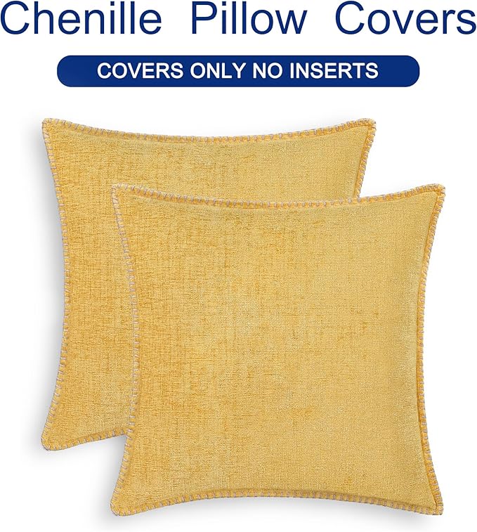 CaliTime Throw Pillow Covers Decorative 24 X 24 Inches Pack of 2 Cotton Thread Stitching Edges Solid Dyed Soft Chenille Cushion Cases for Couch Sofa Bed Living Room Farmhouse Gold