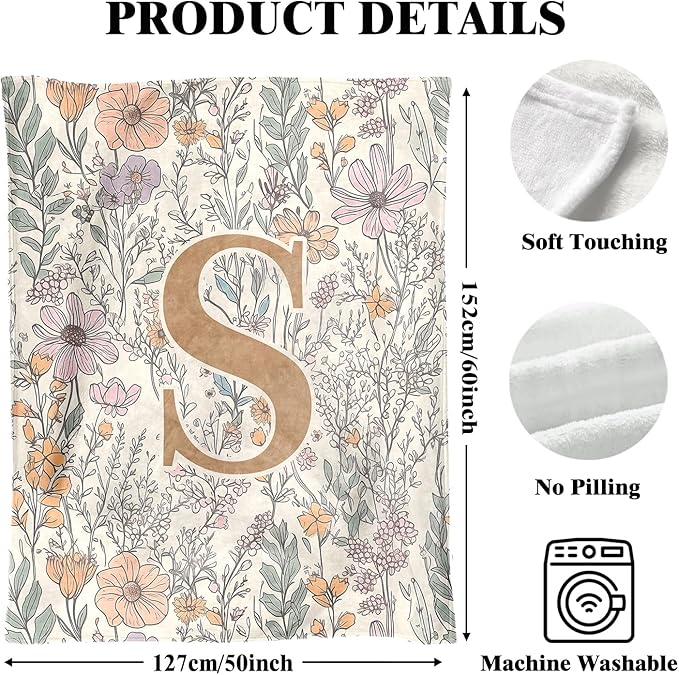 JXREQ Throw Blanket Initial Letter S Personalized Monogrammed Gifts for Women Teen Girls Frends, Boho Floral Throw Blankets for Bed Sofa Living Room Office, 50x60 Inch
