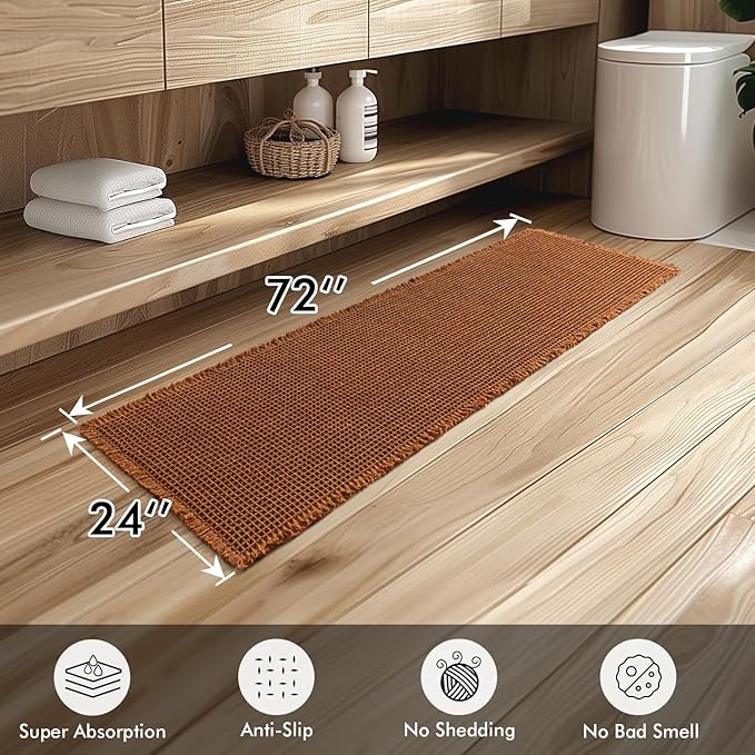 MIULEE Set of 2 Waffle Bathroom Runner Rugs, Fall Boho Bath Rug Non Slip, Super Absorbent Runner Bath Mats, Rubber Backed Shower Mat for Hallway Bedroom Laundry Room, Terracotta, 2'x6'(24x72 Inch)