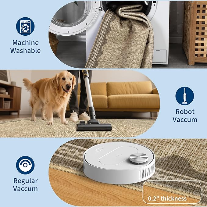 GarveeHome Washable Rugs 5x7 Rug for Living Room, Scalloped 5 x 7 Rug Solid Tan Jute Digital Printing Modern Low-Pile Carpet for Bedroom Dining Nursery Non Slip Mat with Rubber Back
