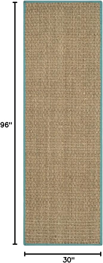 SAFAVIEH Natural Fiber Collection Runner Rug - 2'6" x 8', Natural & Teal, Seagrass, Basketweave Pattern with Border (NF114R)