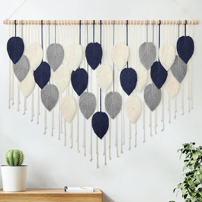 Weldomcor Large Macrame Wall Hanging Leaf Boho Woven Tapestry, Bohemian Chic Wall Hanging Feather Handmade Wall Art Home Decor for Bedroom Living Room Apartment Nursery Office Decoration 51.5"Wx33.5"L
