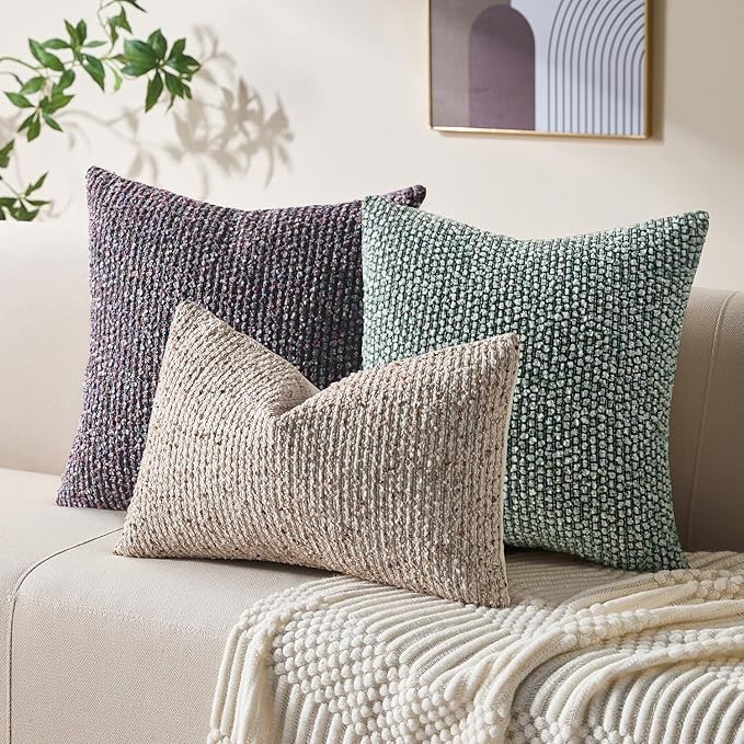 Decorative Couch Throw Pillow Covers 18x18 Green Striped Soft Wool Pillow Covers Neutral Textured Boho Cushion Covers for Modern Farmhouse Sofa Bedroom Living Room Decor SY011-D18