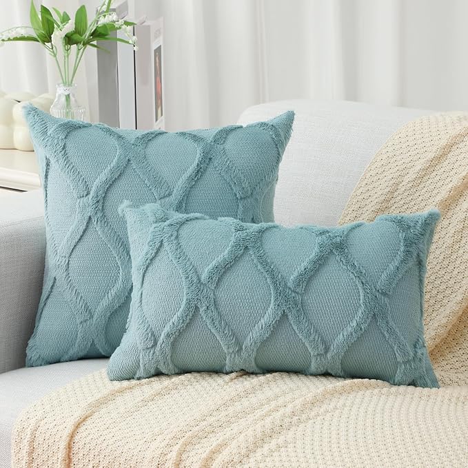 decorUhome Spring Throw Pillow Covers 12x20 Inch Set of 2, Soft Plush Faux Fur Wool Lumbar Aqua Accent Couch Pillow Covers for Modern Farmhouse Bed Sofa Living Room