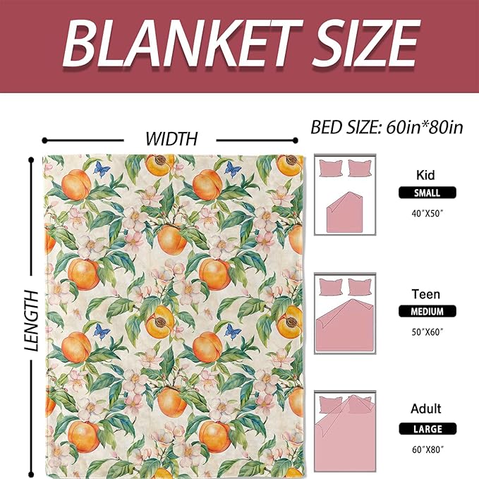 Peach Blossom Blanket 50×60 Inch,Summer Hand Drawn Fruit and Floral Lightweight Flannel Throw with Butterfly,Vintage Orchard Garden Home Decor,Gifts for Girls,Women