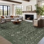 9x12 Area Rugs for Living Room Bedroom, Large Washable Rug, Green Vintage Floral Boho Rug, Non Slip & Low Pile Faux Wool Thin Carpet for Indoor Dining Room and Kids Room(Green 9x12ft)