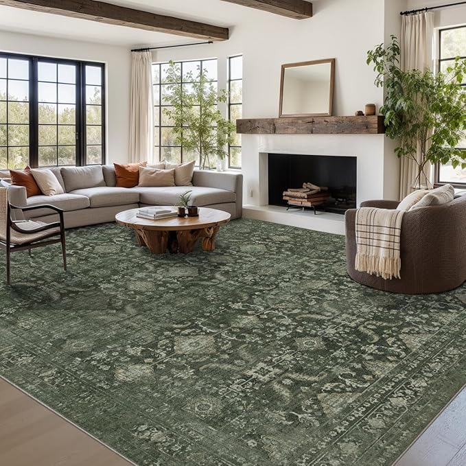 9x12 Area Rugs for Living Room Bedroom, Large Washable Rug, Green Vintage Floral Boho Rug, Non Slip & Low Pile Faux Wool Thin Carpet for Indoor Dining Room and Kids Room(Green 9x12ft)