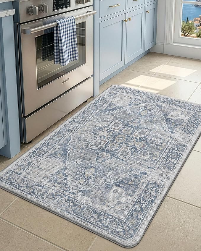 DEXI Kitchen Mats for Floor Cushioned, 23x35 Wide Runner Rug Non Slip, Waterproof Soft Comfort Standing Padded Anti Fatigue Decorative, Light Grey and Blue
