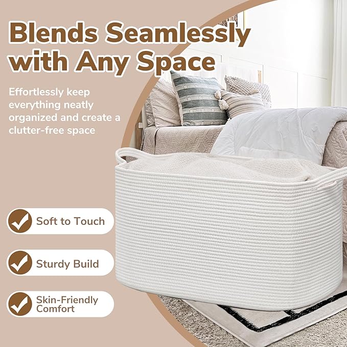 Goodpick 85L Large Woven Blanket Basket 23.6" x 15.7" x 13.8" Cotton Rope Storage Baskets for Organizing, Soft Dirty Clothes Basket for Bedroom Bathroom, Toy Baskets Storage Kids, White