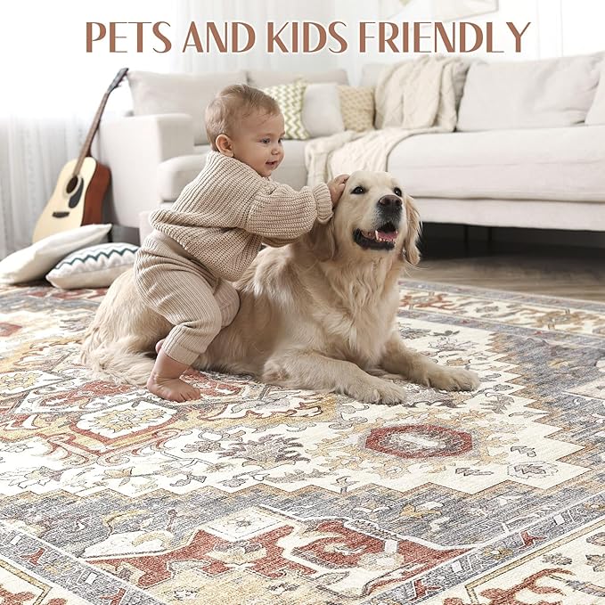 Washable Rug 10x14 Area Rugs: Boho Vintage Distressed Oriental Medallion Neutral Thin Large Rug Carpet for Living Room Bedroom Dining Room Home Office Decor - Orange Gray