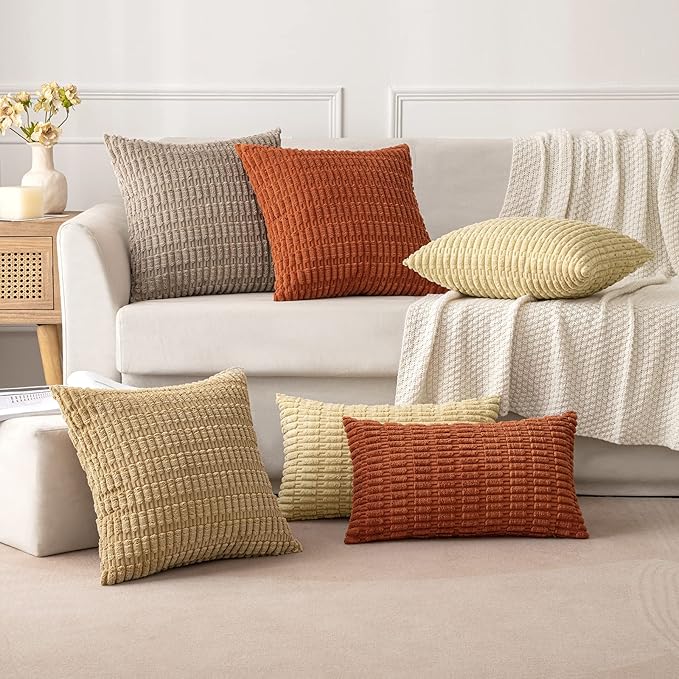 MIULEE Pack of 2 Corduroy Decorative Throw Pillow Covers 18x18 Inch Soft Boho Striped Pillow Covers Modern Farmhouse Home Decor for Sofa Living Room Couch Bed Khaki