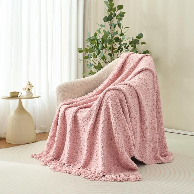 Throw Blanket for Couch, Dusty Pink Luxury Knitted Throws 50"x60", Textured Blankets with Handmade Fringe Tassels for Bed Sofa Decorative, Chunky Soft Farmhouse Boho Home Decor