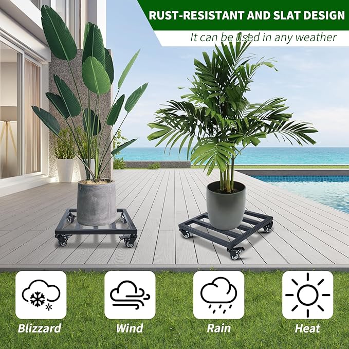 2 Pack 12 Inch Metal Plant Caddy with Wheels, Square Rolling Plant Stand Heavy Duty Indoor Outdoor Planter Dolly, Plant Pot Mover for Large Flower Pots and Planters, 380 Lbs