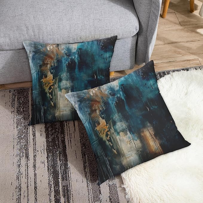Britimes Throw Pillow Covers Modern Home Art Decor, 18 x 18 Inches Set of 2 Pillow Cases Decorative, Abstract Oil Painting Pillowcases for Bedroom, Living Room, Cushion Couch Sofa, Teal Black
