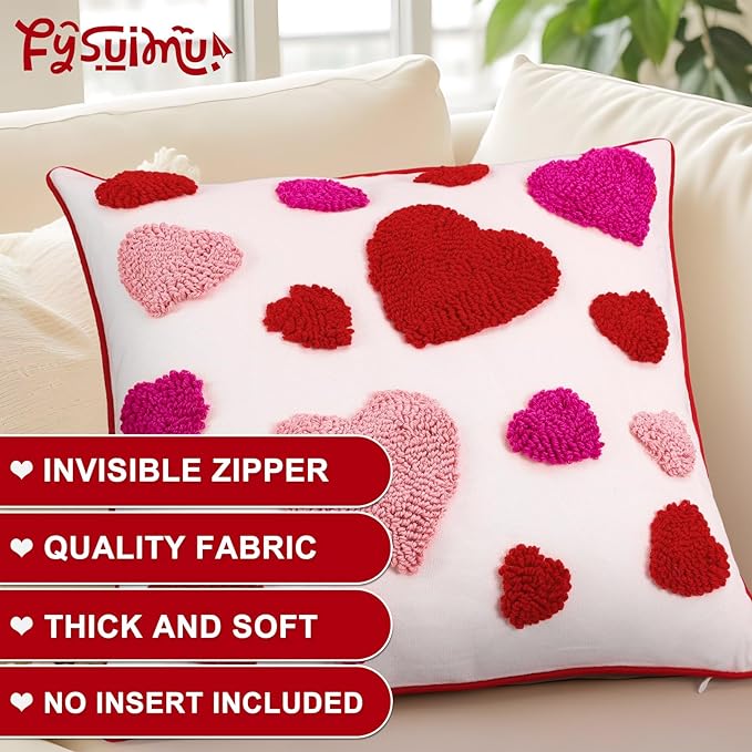 Valentine's Day Throw Pillow Covers 18x18 Inch Set of 2 Red Pink Heart Love Couples Decorations Embroidery Cushion Case for Anniversary Wedding Gift Lover Bedroom Sofa Couch Holiday Home Decor
