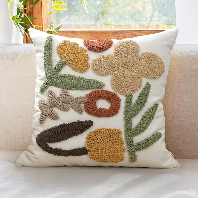 Boho Pillow Covers 18X18 Inch Decorative Fall Floral Throw Pillow Covers Tufted Cushion Cover Farmhouse Pillow Case for Couch Sofa Bed Living Room Bedroom, Rust/Mustard/Beige